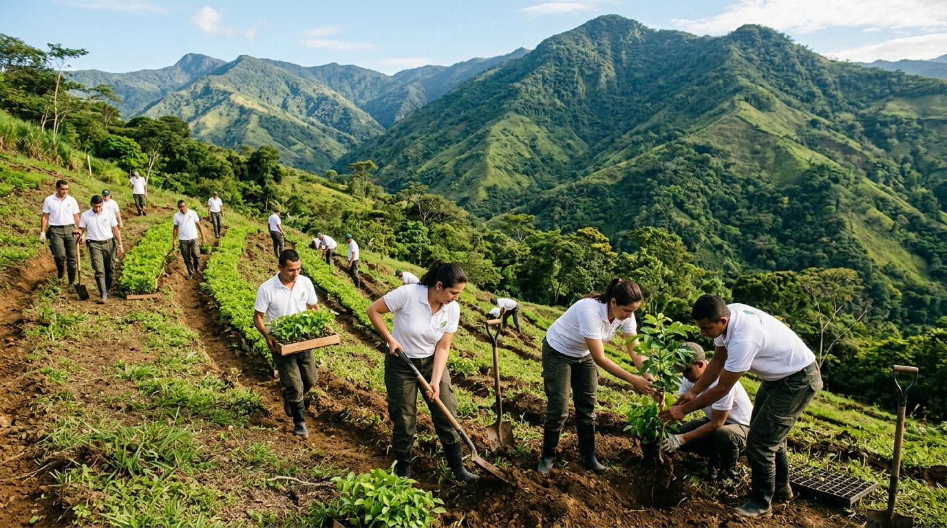 Equipo de reforestación plantando árboles en cumplimiento de la Ley 2173 de 2021